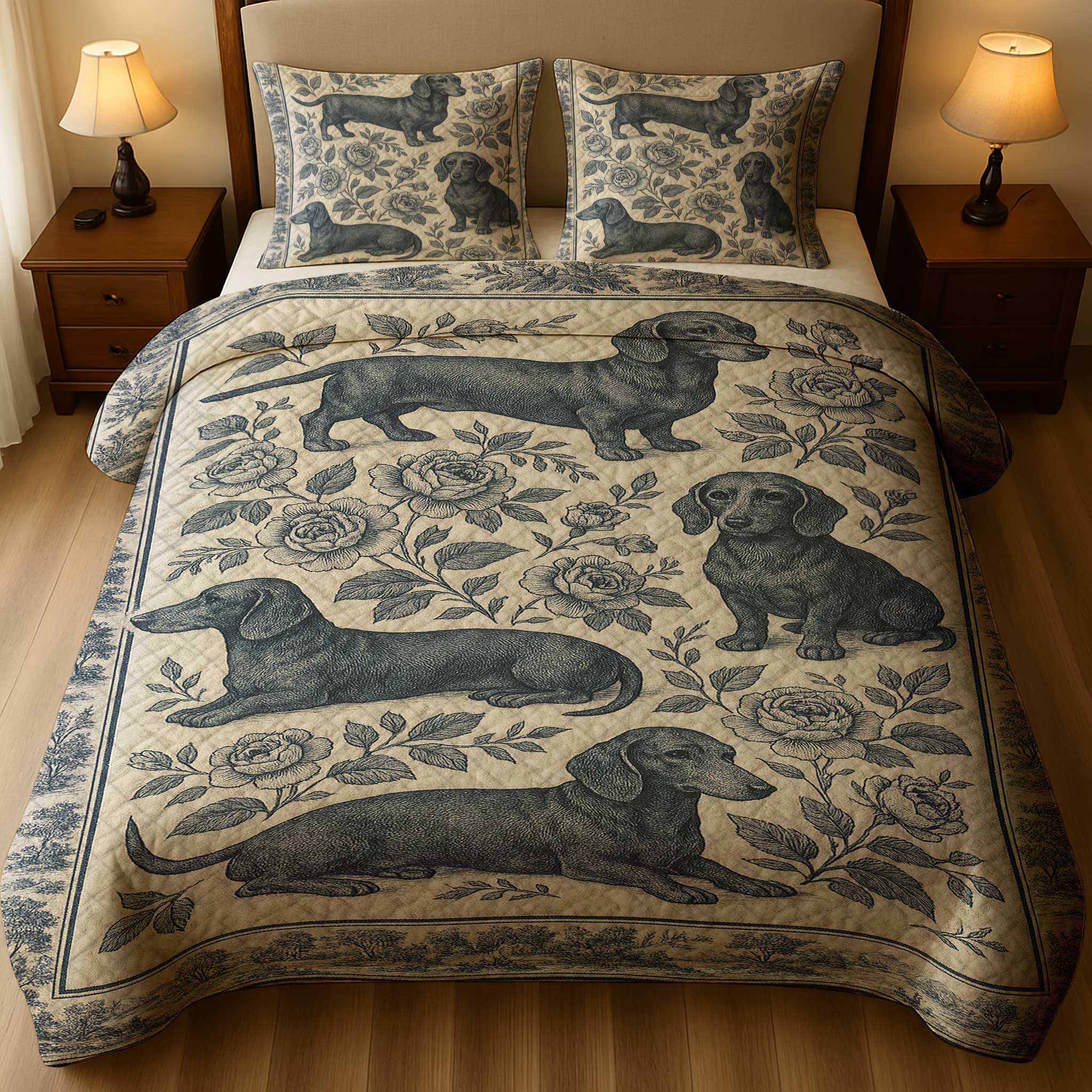 Classic Blue Floral Botanical Dog Print, Vintage Dachshund Quilt Set