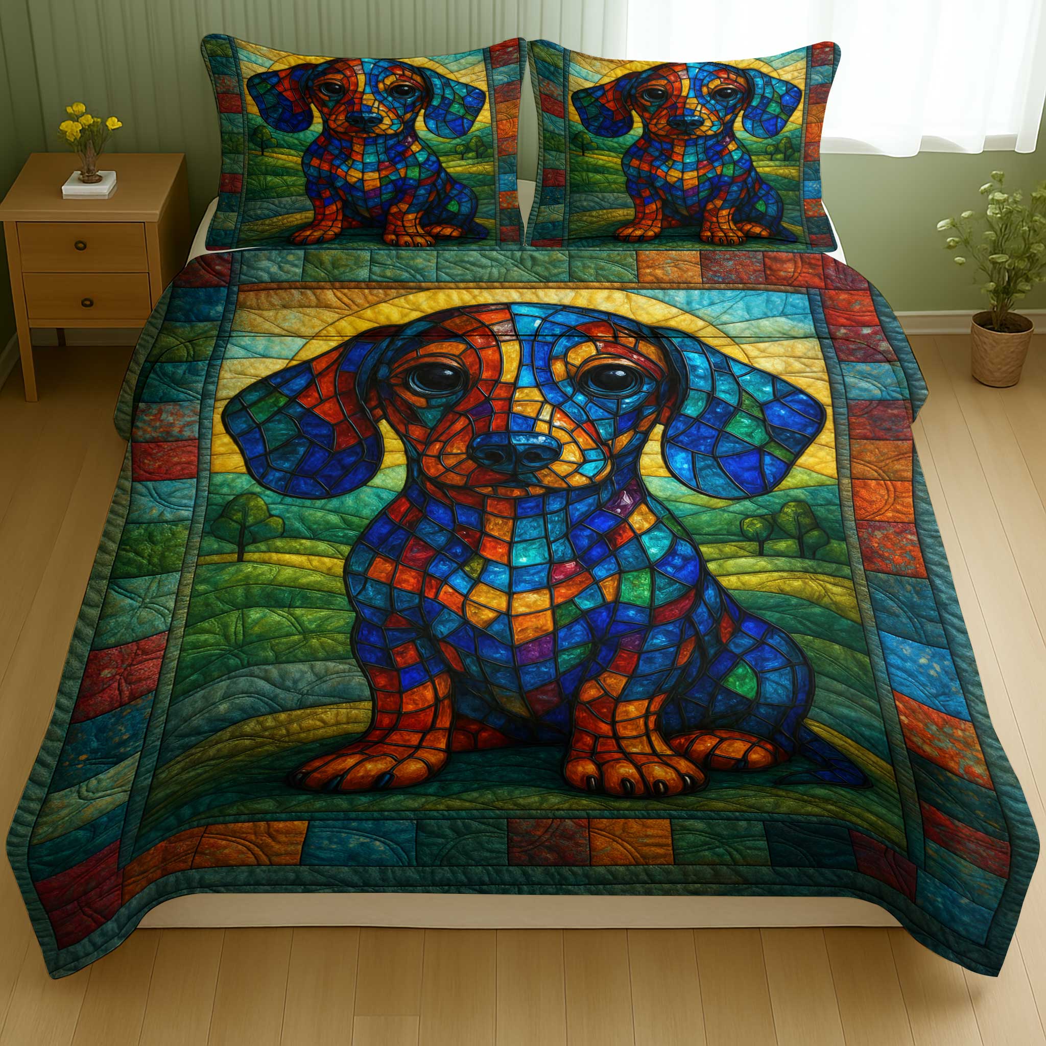 Colorful Artistic Dog Design, Stained Glass Dachshund Quilt Set