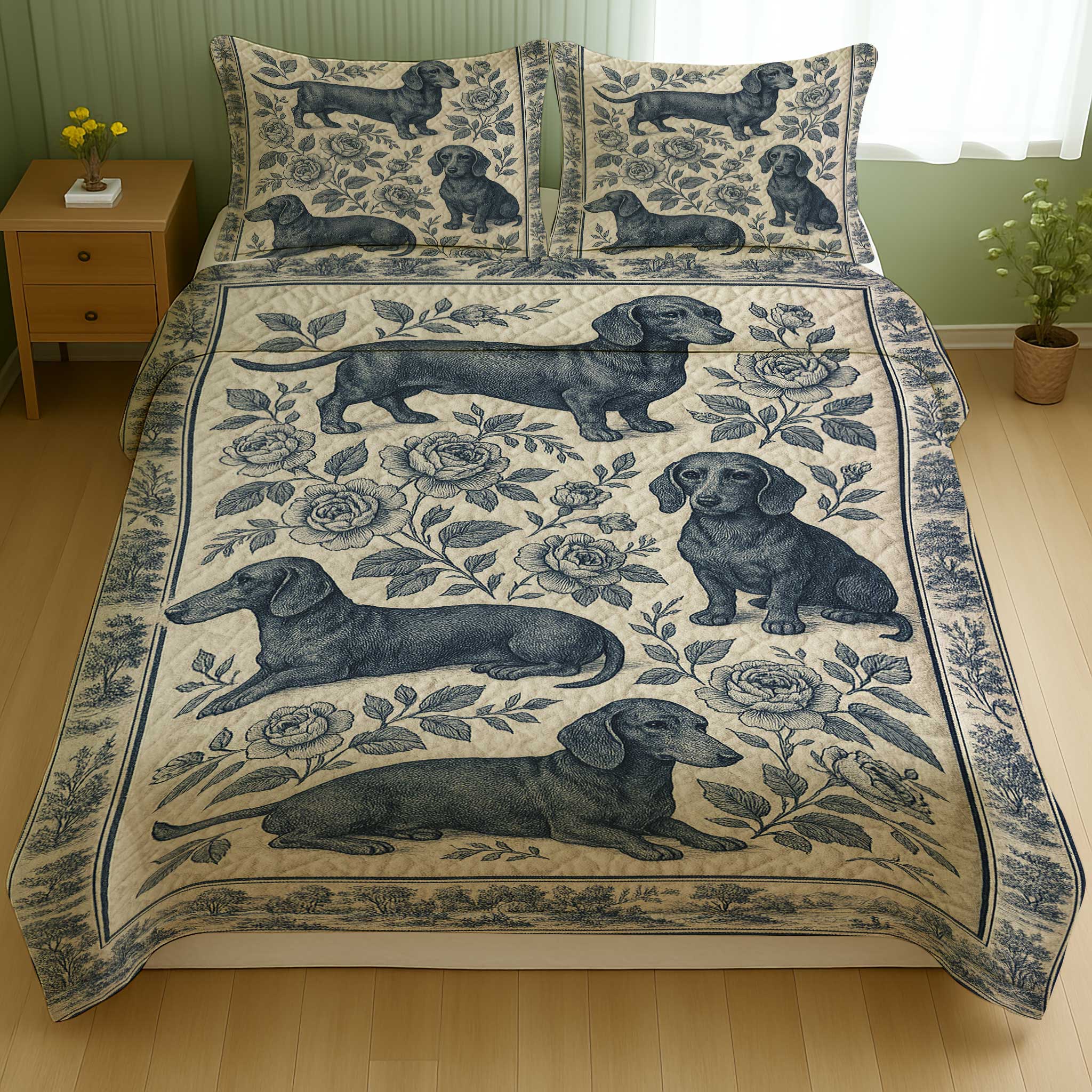 Classic Blue Floral Botanical Dog Print, Vintage Dachshund Quilt Set