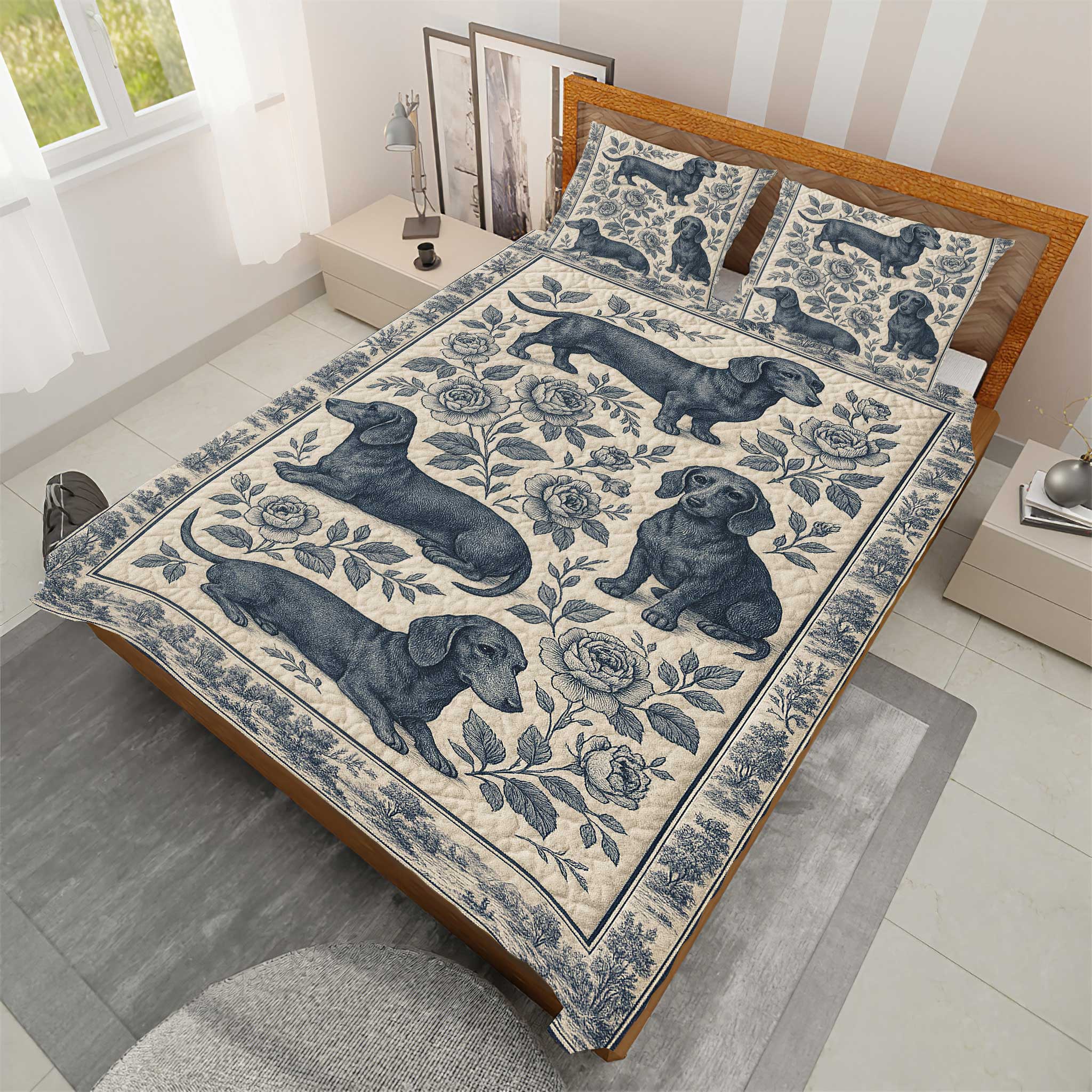 Classic Blue Floral Botanical Dog Print, Vintage Dachshund Quilt Set