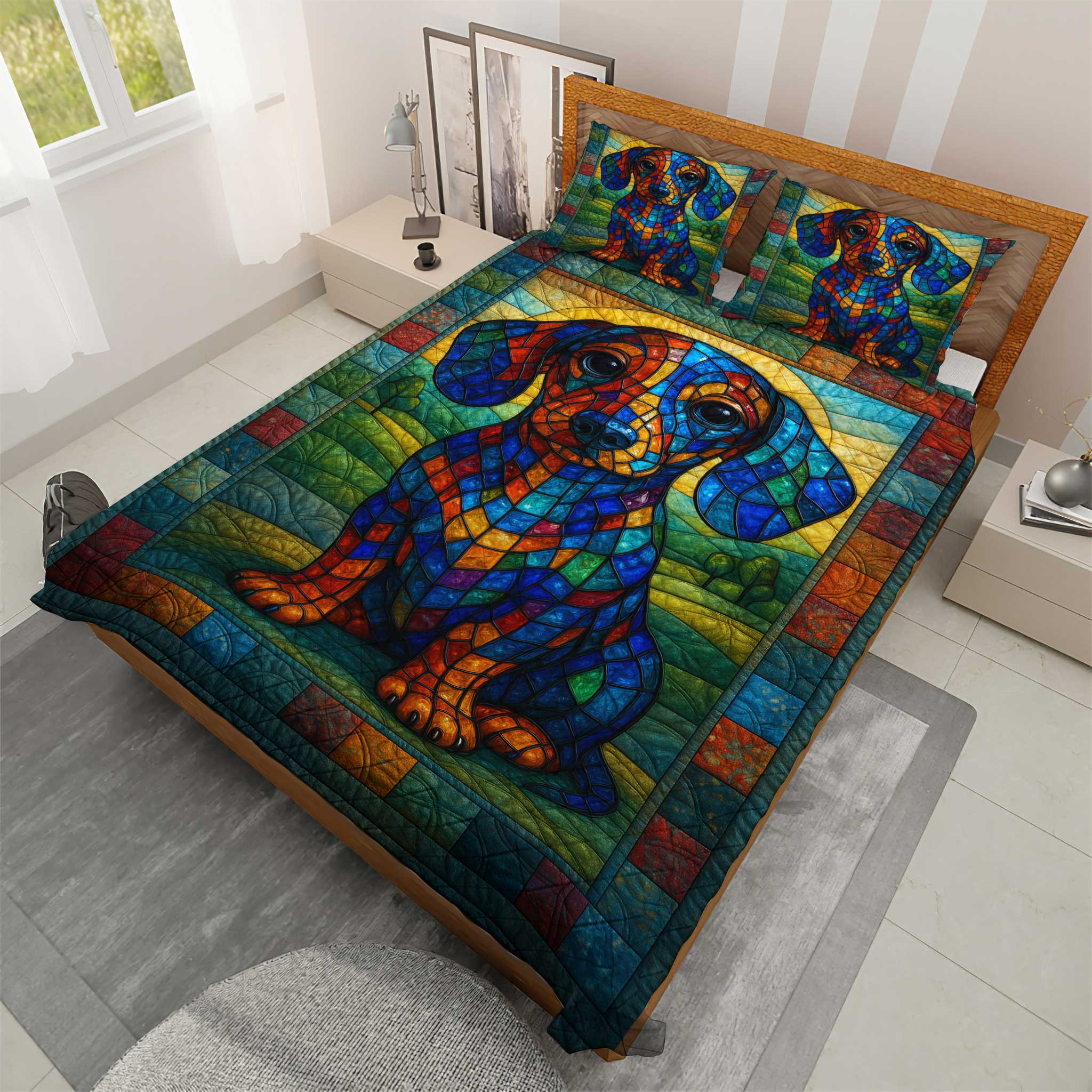 Colorful Artistic Dog Design, Stained Glass Dachshund Quilt Set