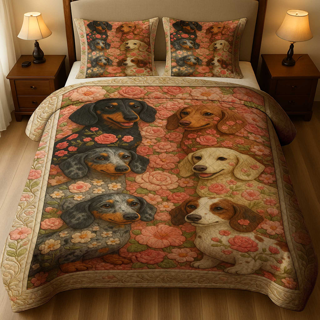 Adorable Sausage Dog Bedding With Roses Pattern, Floral Dachshund Quilt Set