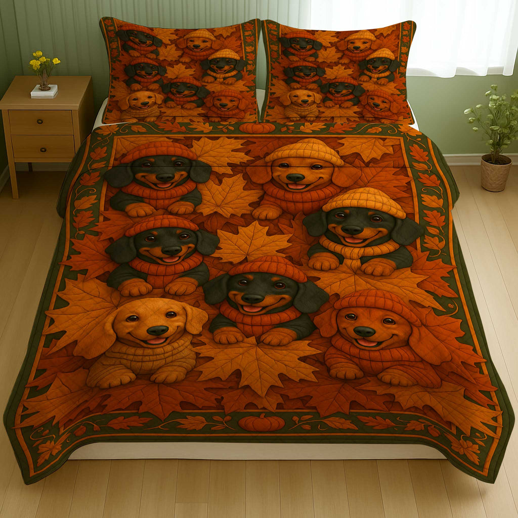 Adorable Dachshund In Sweaters and Beanies, Cozy Autumn Puppy Quilt Set