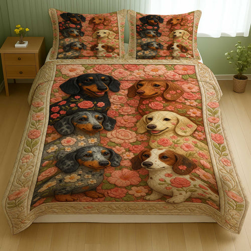 Adorable Sausage Dog Bedding With Roses Pattern, Floral Dachshund Quilt Set