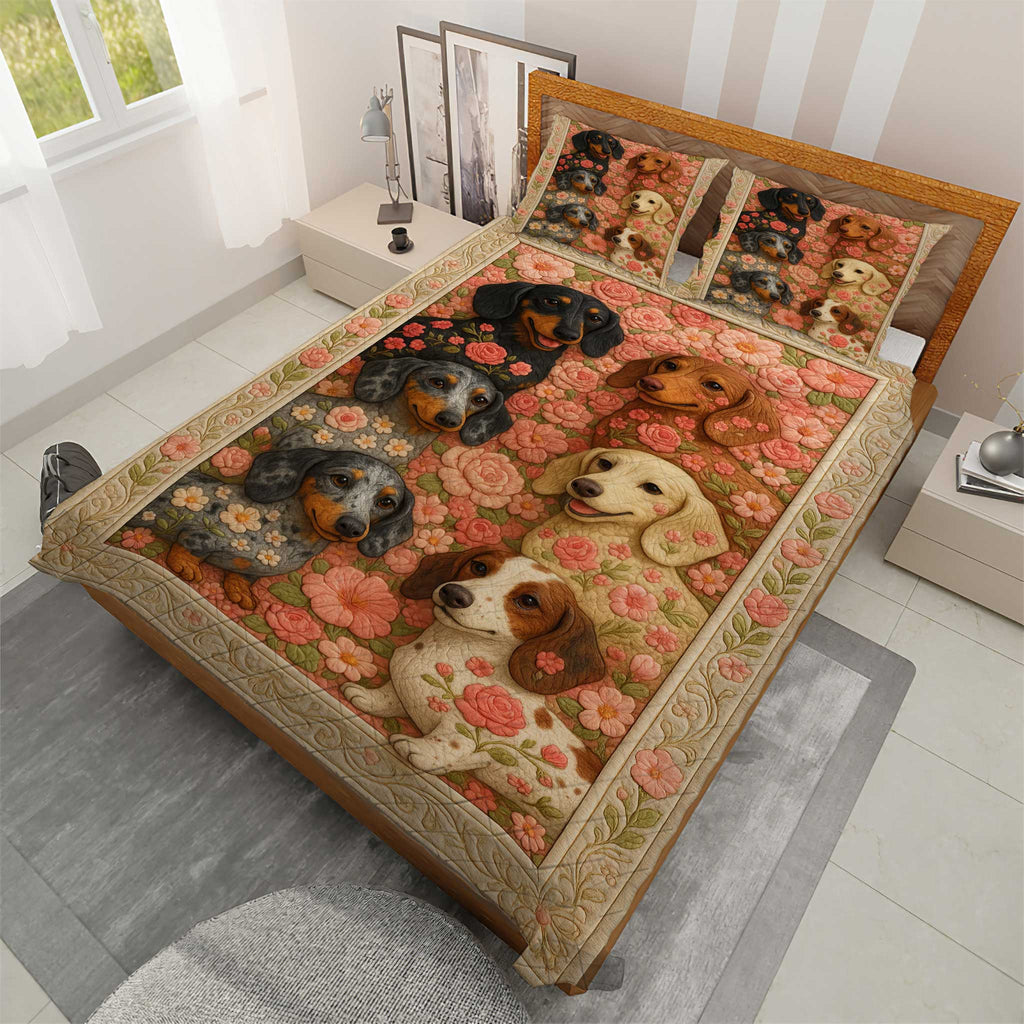 Adorable Sausage Dog Bedding With Roses Pattern, Floral Dachshund Quilt Set